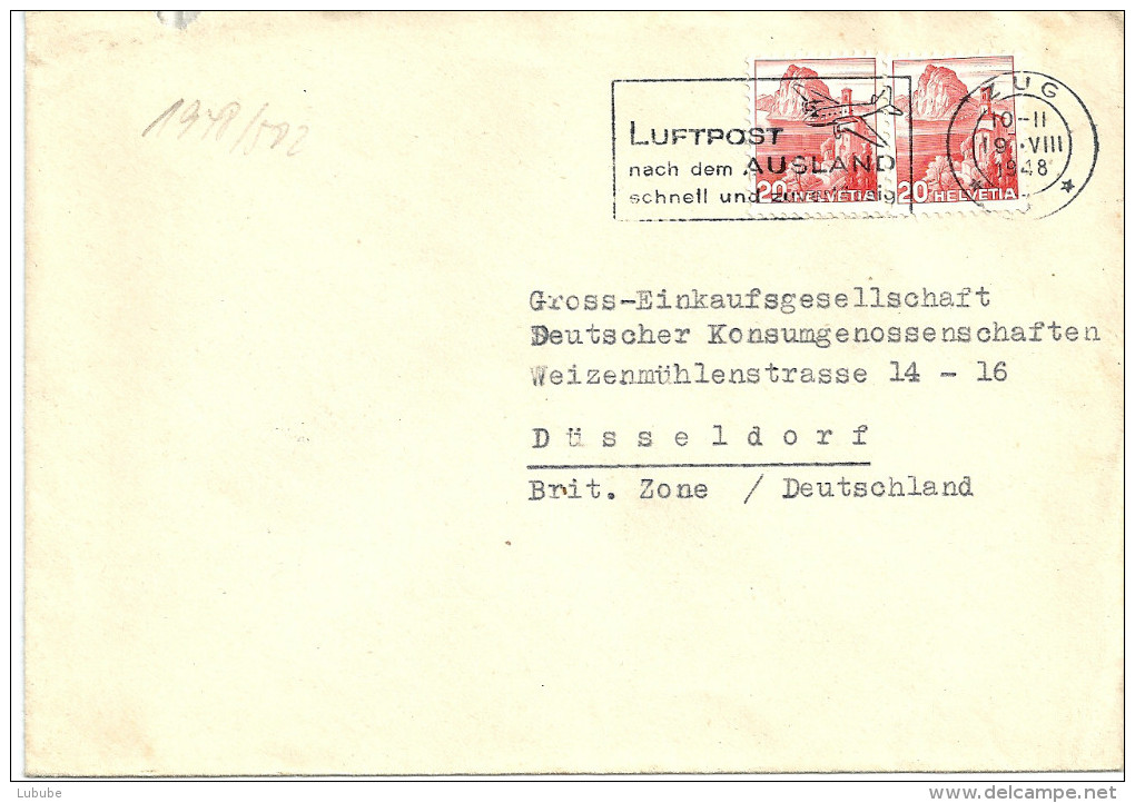 Zensur Brief  Zug - Düsseldorf          1948 - Briefe U. Dokumente