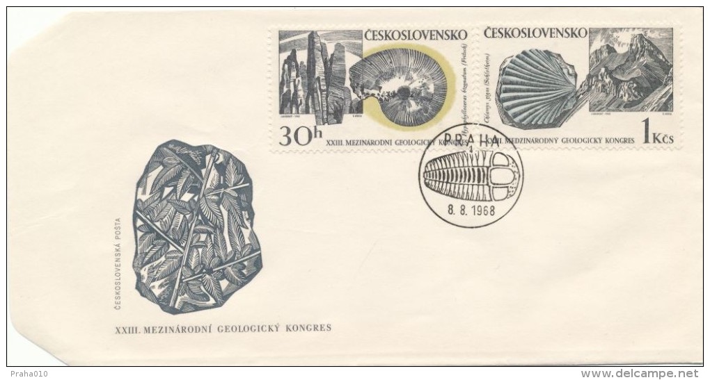 Czechoslovakia / First Day Cover (1968/23 A) Praha (1): XXIII. International Geological Congress (0,30 + 1,00) - Fossilien