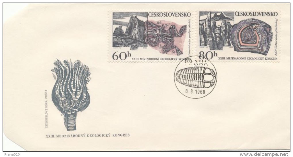 Czechoslovakia / First Day Cover (1968/23 B) Praha (2): XXIII. International Geological Congress (0,60 + 0,80) - Fossilien