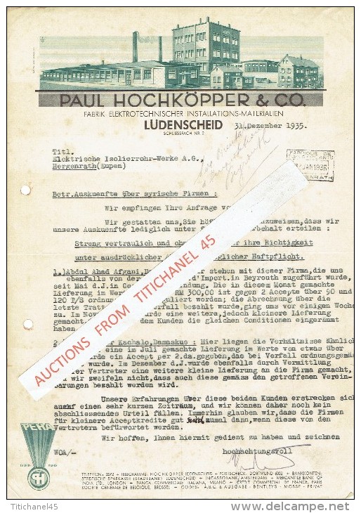 Brief 1935 LUDENSCHEID - PAUL HOCHKÖPPER & CO - Fabrik Elektronischer Installation-materialen - Altri & Non Classificati