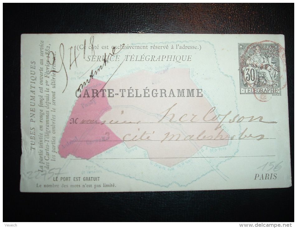 CARTE TELEGRAMME TYPE CHAPLAIN 30 OBL. ROUGE - Pneumatische Post