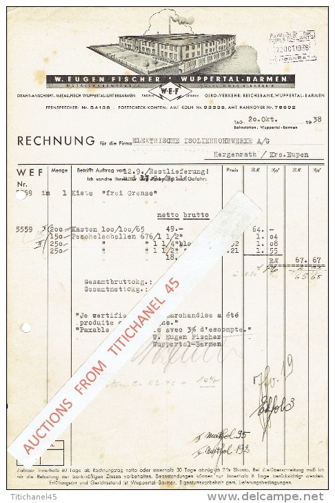 Rechnung 1938 WUPPERTAL-BARMEN - W. EUGEN FISCHER - Metallwarenfabrik - Autres & Non Classés