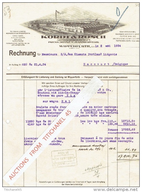 Rechnung1934 WIPPERFÜRTH - KORDT & ROSCH - Press, Stanz-u. Hammerwerk - Autres & Non Classés