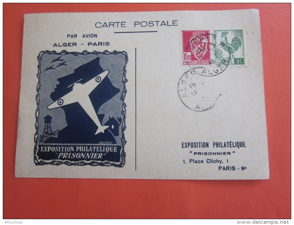 Fevrier 1946 Exposition Philatélique Prisonnier &gt;vol Avion Alger Paris Carte Postale Timbres  178/219 Algerie  &gt; P - Storia Postale