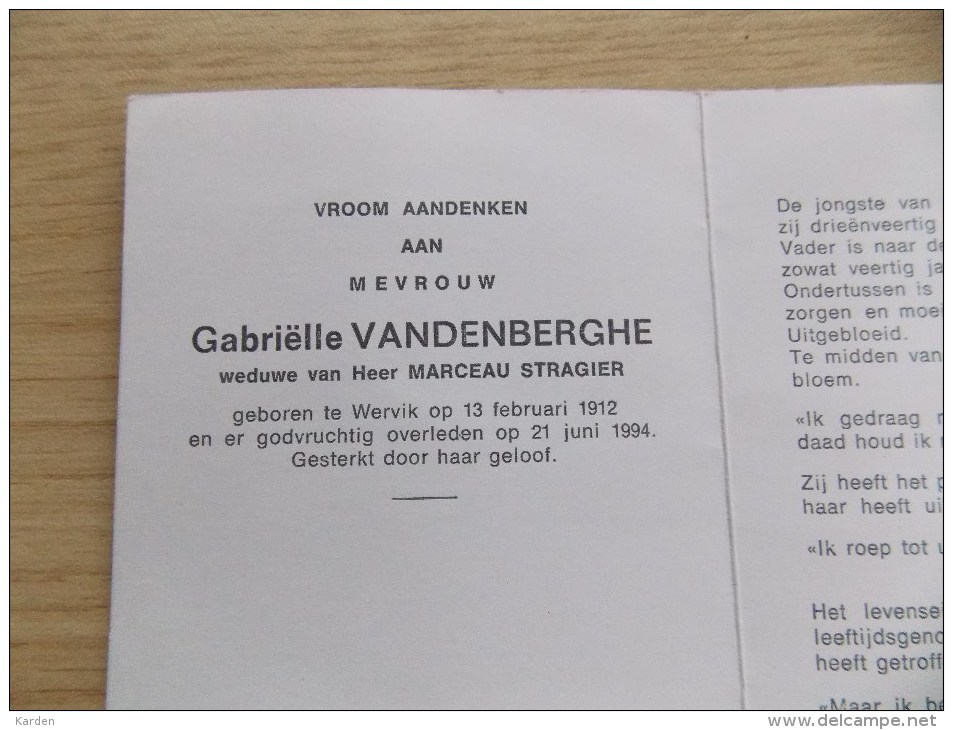 Doodsprentje Gabriëlle Vandenberghe Wervik 13/2/1912 - 21/6/1994 ( Marceau Stragier ) - Religion &  Esoterik