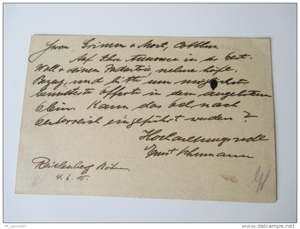 Österreich Ganzsache 1915. Reichenberg, Böhmen Nach Cottbus. Roter Stempel: Überprüft - Autres & Non Classés