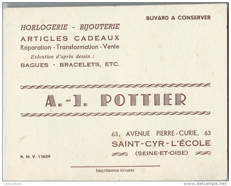 Horlogerie /Bijouterie / AJ Pottier / Saint Cyr L'Ecole  / Seine Et Oise / Vers 1945-1955    BUV123 - H