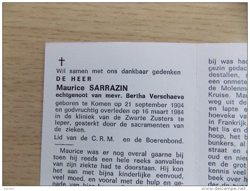 Doodsprentje Maurice Sarrazin Komen 21/9/1904 Ieper 16/3/1984 ( Bertha Verschaeve ) - Religione & Esoterismo