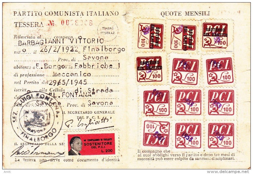 TESSERA PARTITO COMUNISTA ITALIANO 1953-vedi Bollini-ORIGINALE D´EPOCA 100% 2 SCAN - Collezioni