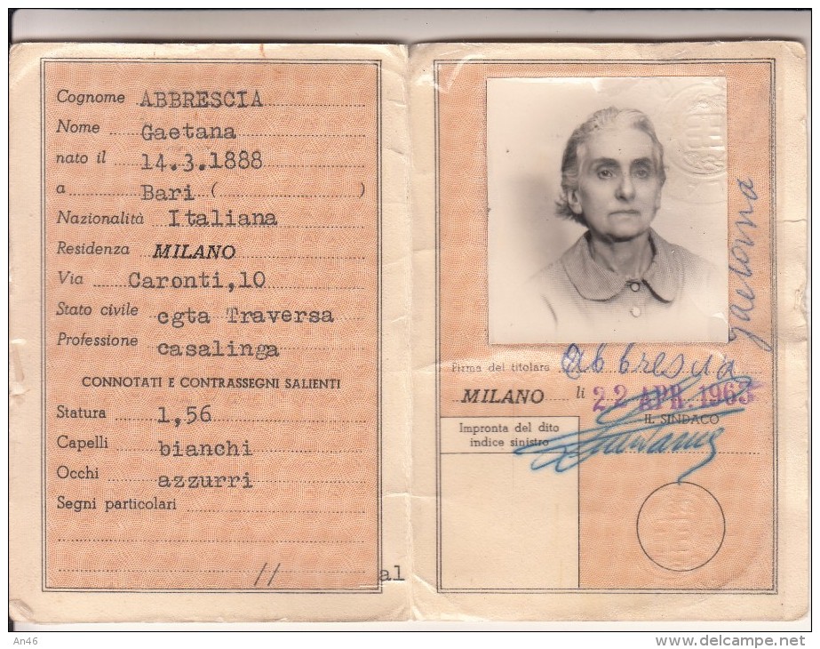 TESSERA CARTA D´IDENTITA´ MILANO-ORIGINALE D´EPOCA 100%-2 SCAN - Collections