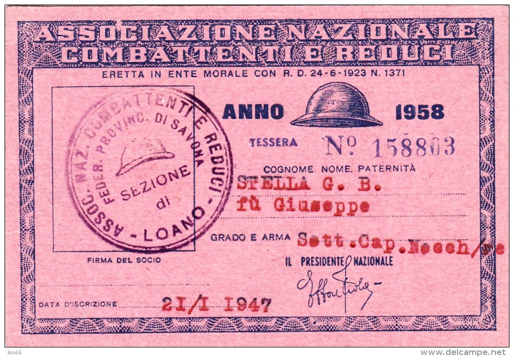 TESSERAASSOCIAZIONE NAZIONALE COMBATTENTI E REDUCI LOANO SV ANNO 1958-ORIGINALE D´EPOCA 100% - Collezioni