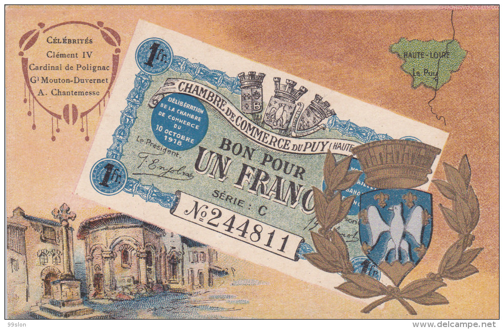 Carte Postale Représentant Un Billet De Nécessité De La Chambre De Commerce Du Puy (Haute-Loire) - Monete (rappresentazioni)