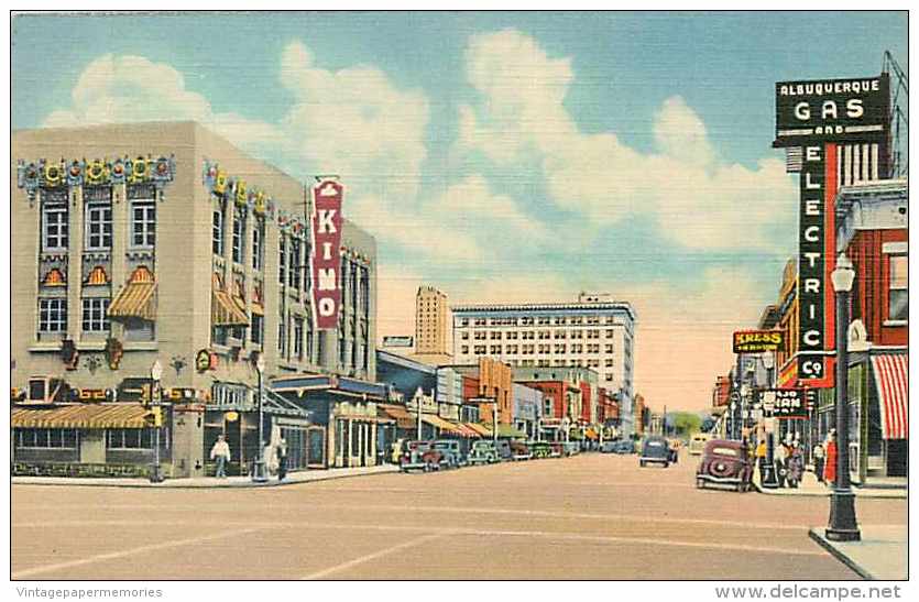 220583-New Mexico, Albuquerque, Central Avenue, Looking West, Kimo Theatre, Curteich No 8A-H1898 - Albuquerque