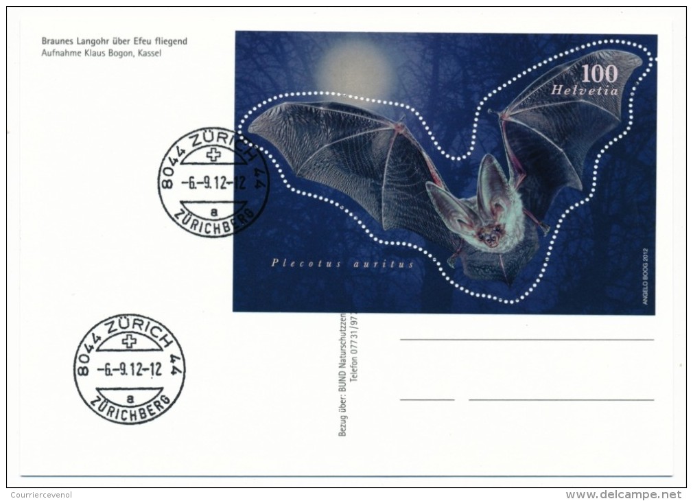 SUISSE - Bloc-Feuillet "Plecotus Auritus" Sur CP - Zürich 2012 + Carte Postale Vierge Concordante. - Covers & Documents