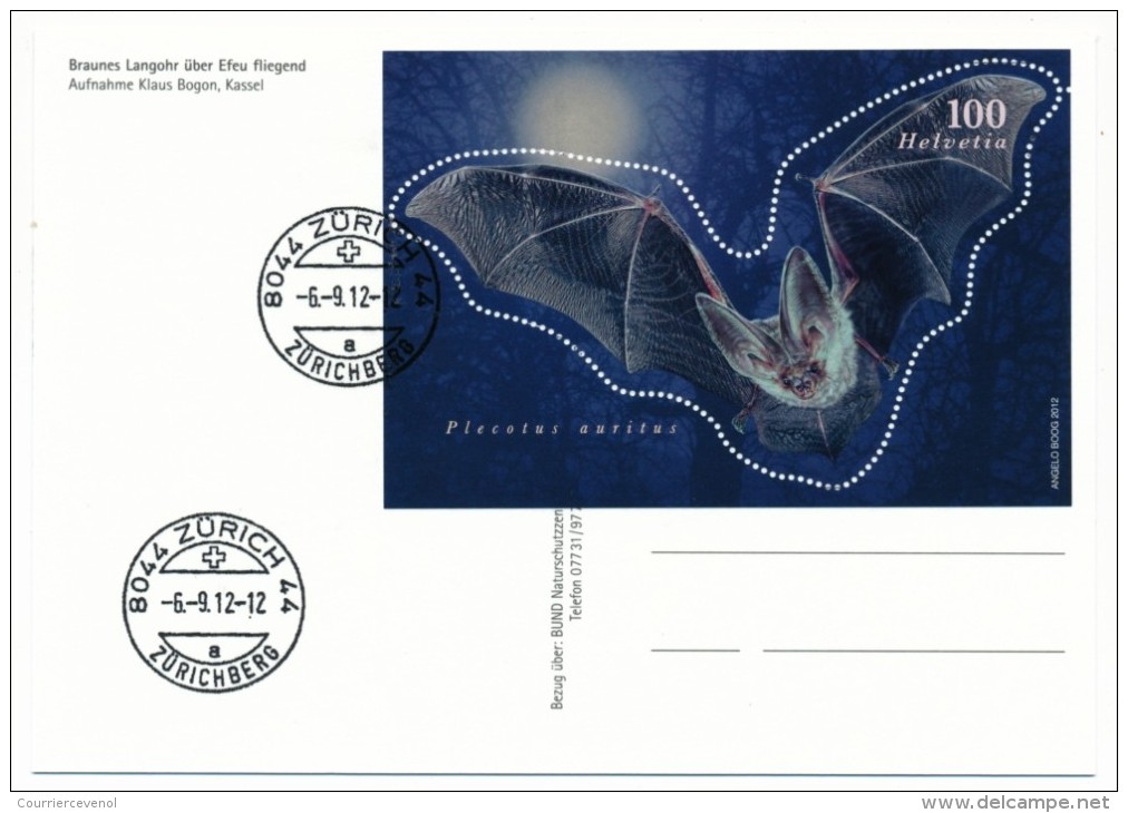 SUISSE - Bloc-Feuillet "Plecotus Auritus" Sur CP - Zürich 2012 + Carte Postale Vierge Concordante. - Bats