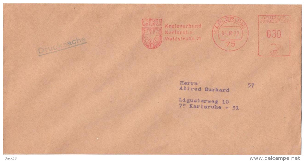 ALLEMAGNE DEUTSCHLAND GERMANY ATM Lettre Brief Cover Karlsruhe CDU Kreisverband Waldstrasse 1977 - Autres & Non Classés