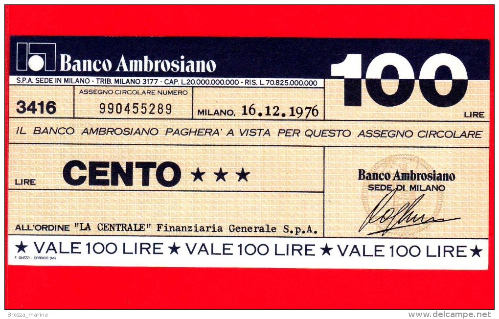 MINIASSEGNI - BANCO AMBROSIANO - L. 100 - Nuovo - FdS - LA CENTRALE Finanziaria Generale Spa - [10] Assegni E Miniassegni
