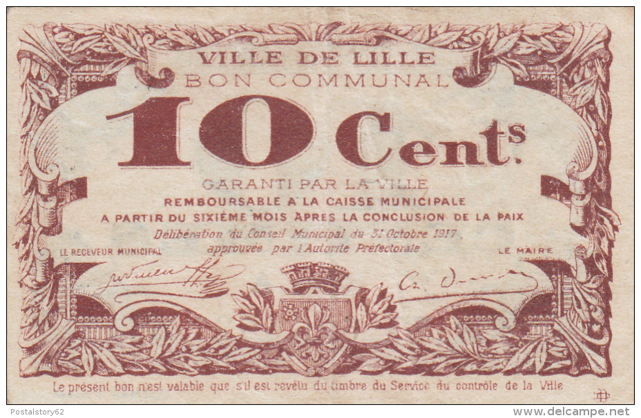 Bon Communal Ville De Lille. 10 Cent. 1917 - Bons & Nécessité