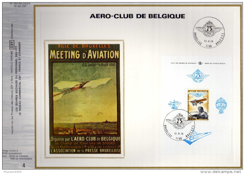 Feuillet Tirage Limité CEF 164 40 Bloc 49 Aéro-club Royal De Belgique Jan Olieslagers Monoplan Blériot - 1971-1980