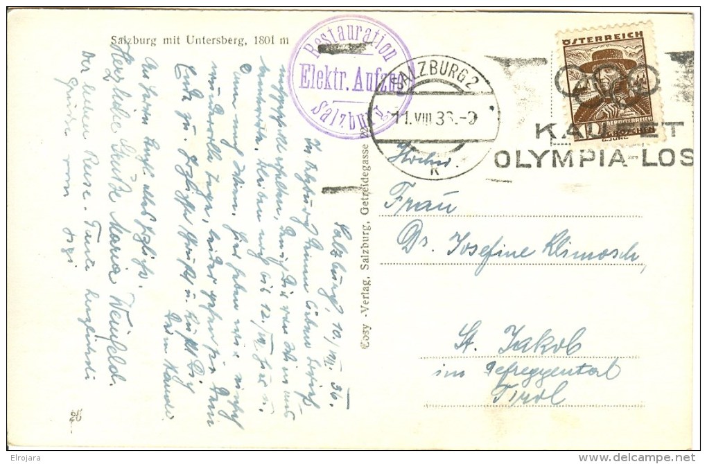 AUSTRIA Postcard With Cancel SALZBURG 2 KAUFET OLYMPIA-LOSE - Ete 1936: Berlin