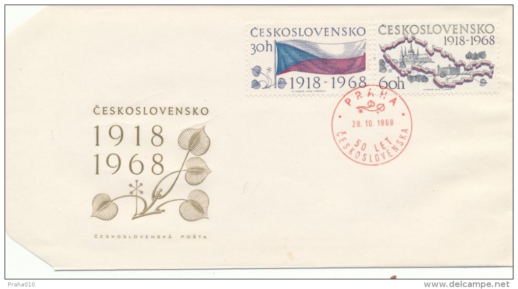 Czechoslovakia / First Day Cover (1968/28 A) Praha (1): 50 Anniversary Of Czechoslovakia 1918-1968 (flag, State Map) - WW1 (I Guerra Mundial)