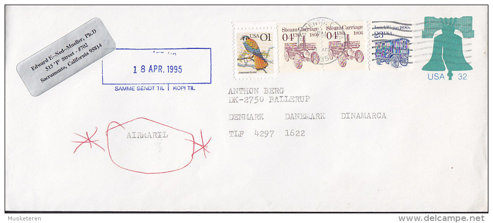 United States Uprated Postal Stationery Ganzsache Entier SACRAMENTO 1995 Cover Lettre To Denmark Bird Vogel Oiseau Bell - 1981-00