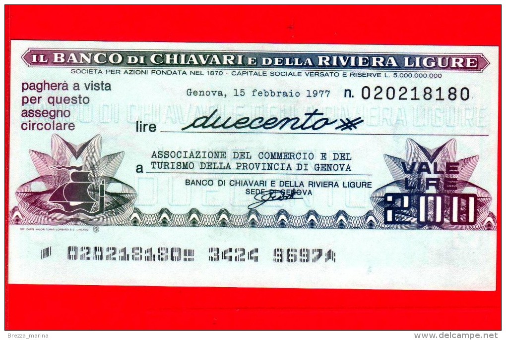 MINIASSEGNI - BANCO DI CHIAVARI E DELLA RIVIERA LIGURE - L. 200 - Nuovo - FdS - - [10] Assegni E Miniassegni