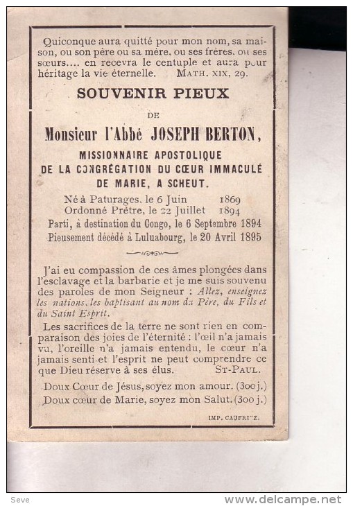 CONGO SCHEUT PATURAGES Abbé Joseph BERTON Missionnaire LULUABOURG 1869-1895 Souvenir Mortuaire - Décès