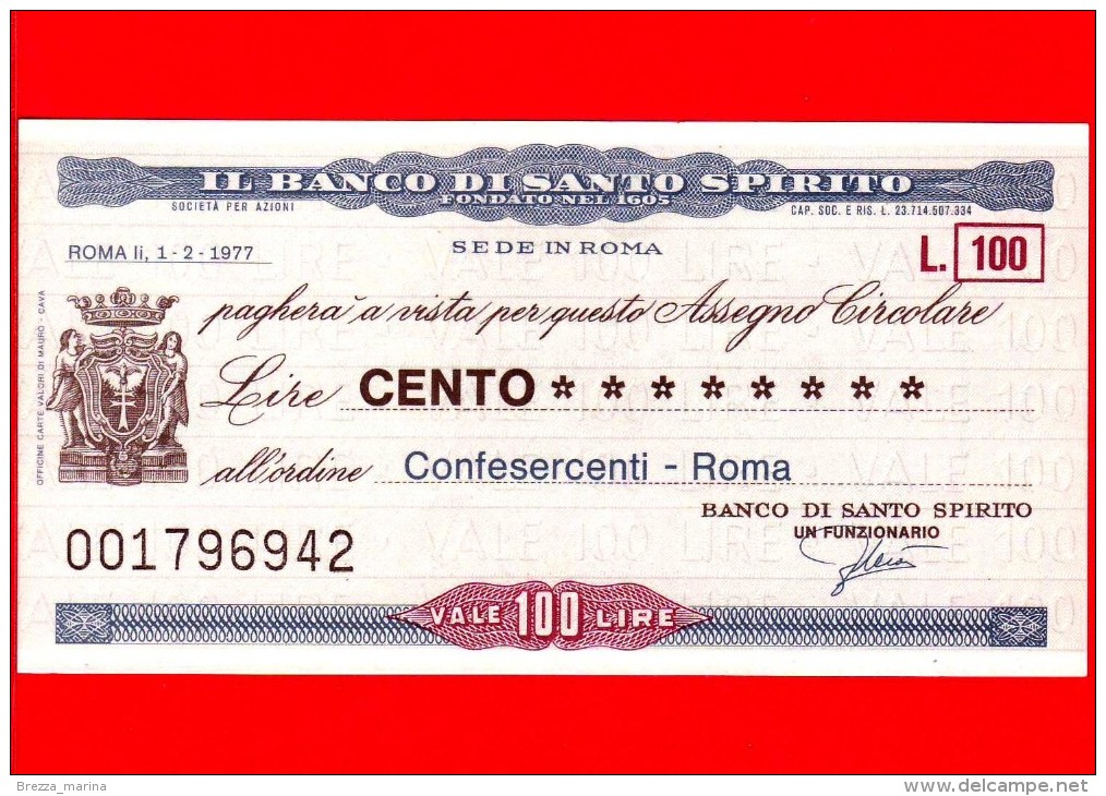 MINIASSEGNI - BANCO DI SANTO SPIRITO - L. 100 - Nuovo - FdS - CONFESERCENTI - Roma - [10] Assegni E Miniassegni
