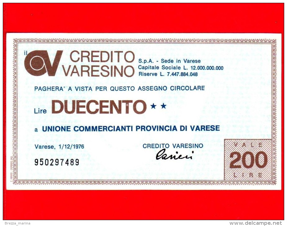 MINIASSEGNI - CREDITO VARESINO - L. 200 - Nuovo - FdS - Unione Commercianti Provincia Di Varese - [10] Assegni E Miniassegni