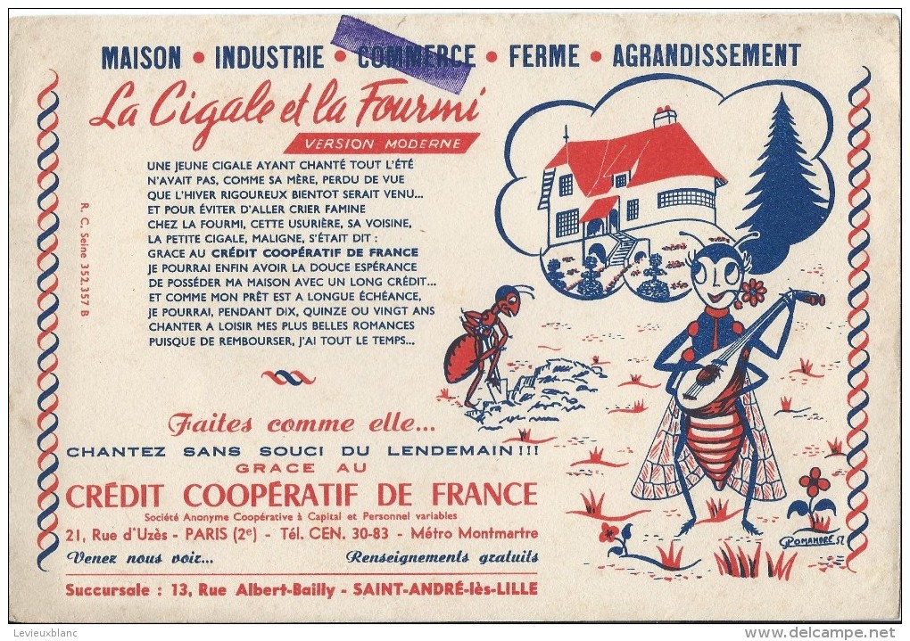 Credit Coopératif De France / La Cigale Et La Fourmi / Saint André Lez Lille /vers 1945-1955     BUV138 - Banca & Assicurazione
