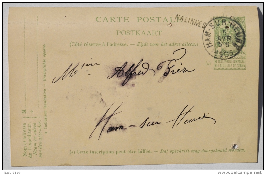 Carte Postale De NALINNES Vers M. Frère, Imprimeur à HAM-SUR-HEURE, 1905 - Ham-sur-Heure-Nalinnes