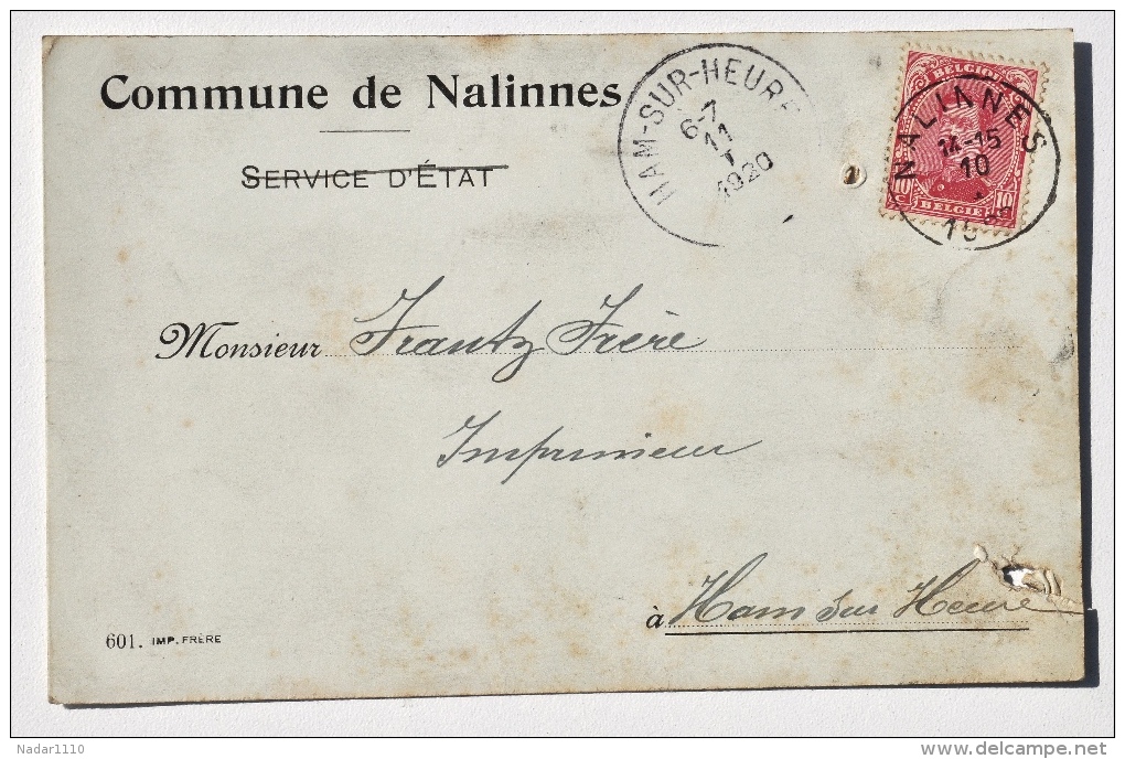 Carte Postale De La COMMUNE De NALINNES Vers M. Frère, Imprimeur à HAM-SUR-HEURE, 1920 - Ham-sur-Heure-Nalinnes