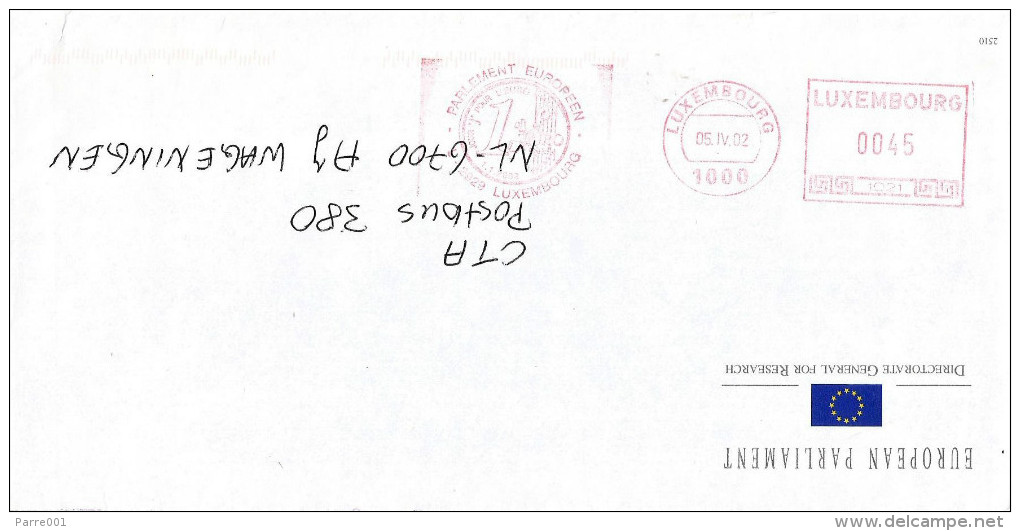 Luxembourg Luxemburg 2002 Euro Introduction European Parlament Hasler “Mailmaster” 1021 Meter Franking Cover - Monnaies