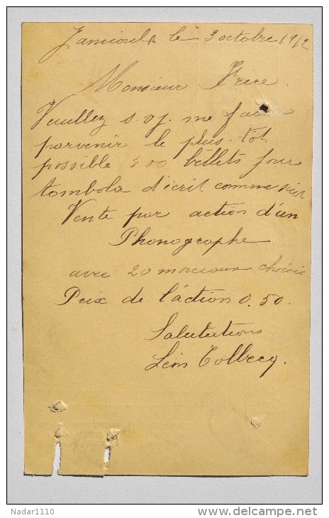 CARTE POSTALE De JAMIOULX à Propos De Billets De Tombola Vers M. Frère, Imprimeur à HAM-SUR-HEURE, 1912 - Ham-sur-Heure-Nalinnes