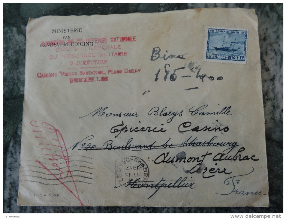 Lettre Ministere Defense Nationale Caserne Princ Baudouin 1947 Pour Aumont Aubrac Lozere France - Altri & Non Classificati