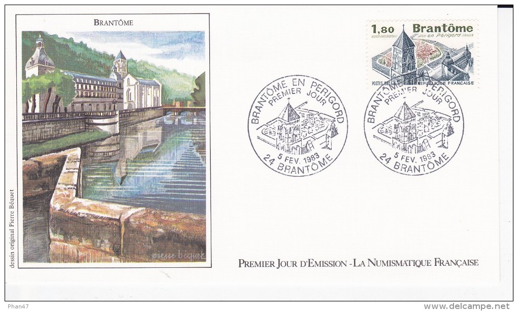 BRANTÔME (24), Abbaye, Dessin De Pierre BEQUET, FDC 05/02/1983 - 1980-1989