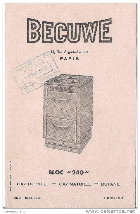 Cuisiniére Au Gaz/ BECUWE/ Gaz De Ville/ Gaz Naturel/ Butane/Paris / Vers 1945-1955     BUV156 - Elektrizität & Gas