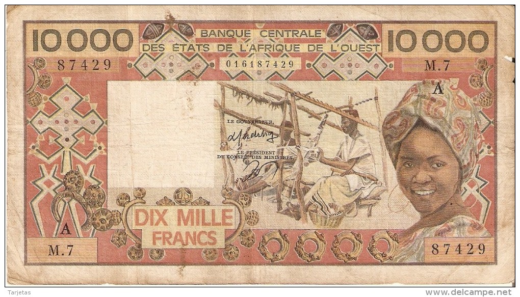 BILLETE DE COSTA DE MARFIL DE 10000 FRANCS DEL AÑO 1977  (BANKNOTE) (RARO) - Côte D'Ivoire