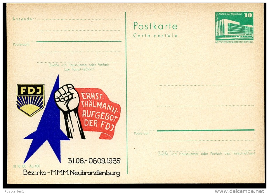 DDR P84-24-85 C124 Postkarte Zudruck FDJ BEZIRKS-MMM Neubrandenburg 1985 - Postales Privados - Nuevos