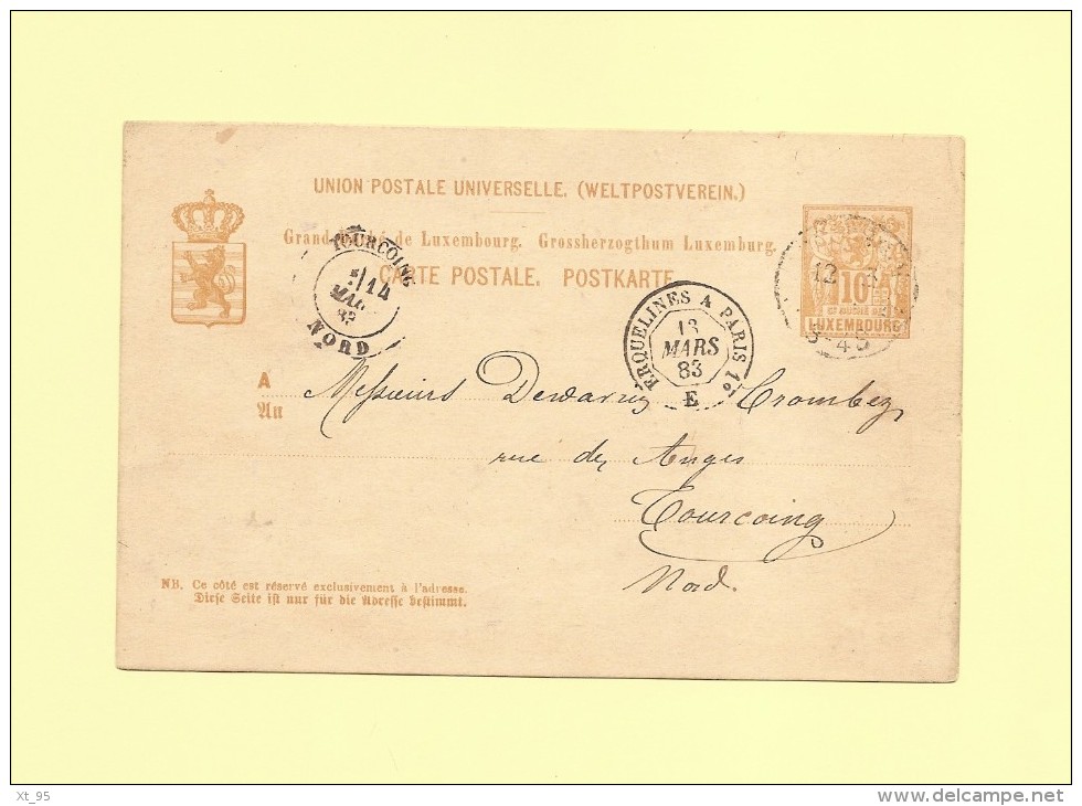 Luxembourg - Entier Postal Destination France -  Entree Erquelines A Paris 1° - 13 Mars 1883 - Postwaardestukken