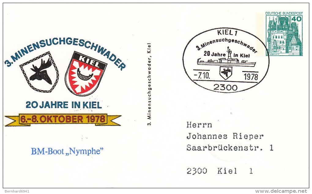 PP 100/80  3. Minensuchgeschwader - 20 Jahre In Kiel - BM-Boot "Nymphe - Privatpostkarten - Gebraucht
