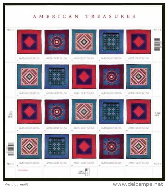 USA 2001 Amish Quilts Sheet Of 20  $ 7.40 MNH SC 3524-27sp YV BF3222-3225  MI B-3478-81 SG MS3993-96 - Sheets