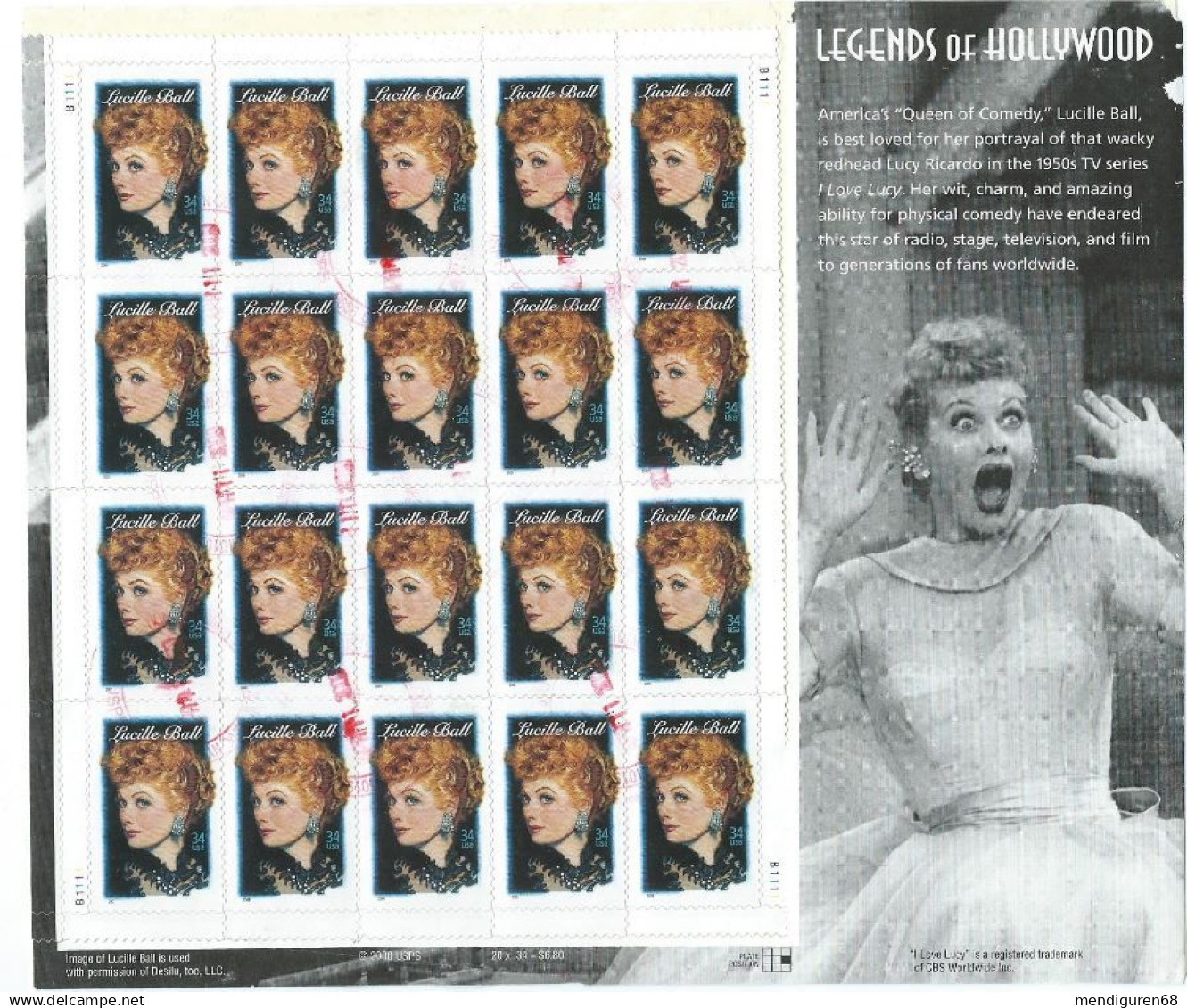 VERINIGTE STAATEN ETAS UNIS USA 2001USA 2001 LUCILLE BALL PANE OF 20V USED SC 3523sp YT F3221  MI B3477 SG MS3992 - Ganze Bögen