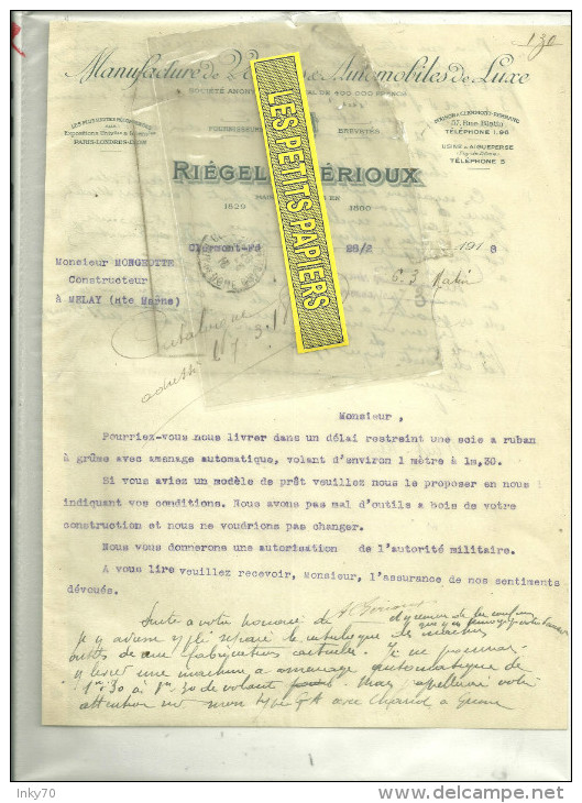 63 - Puy-de-dôme - CLERMONT-FERRAND - Facture RIEGEL & BERIOUX - Manufacture D'automobiles – 1918 - 1900 – 1949