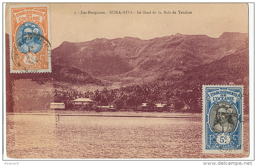 1 Iles Marquises Nuka Hiva Le Fond De La Baie De Taiohae 2 Timbres Vahiné Non Voyagé - Französisch-Polynesien