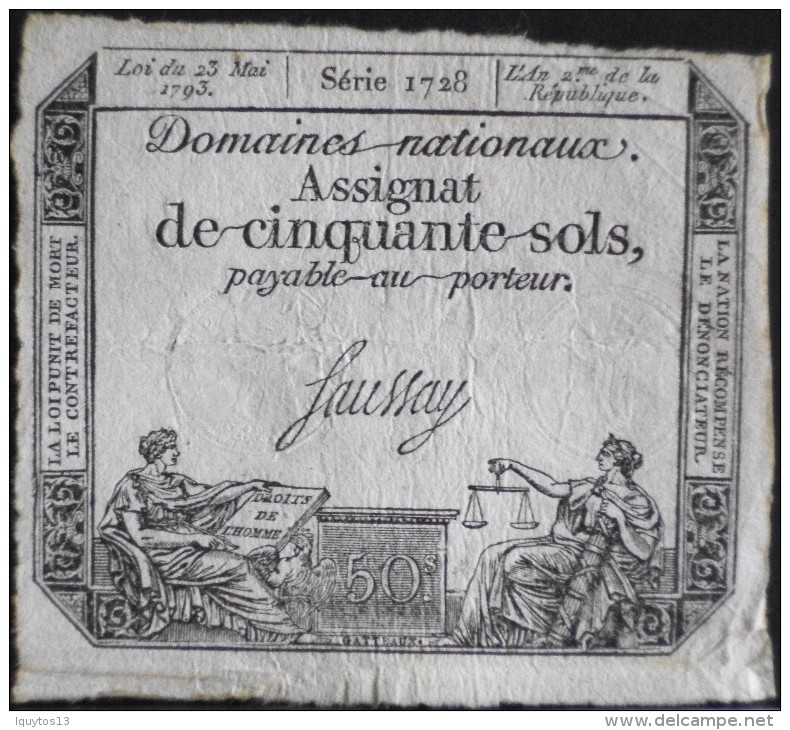 ASSIGNAT De Cinquante Sols - Loi Du 23 Mai 1793 L'an 2iéme De La République - Série 1728 - Filigranes - Assignate