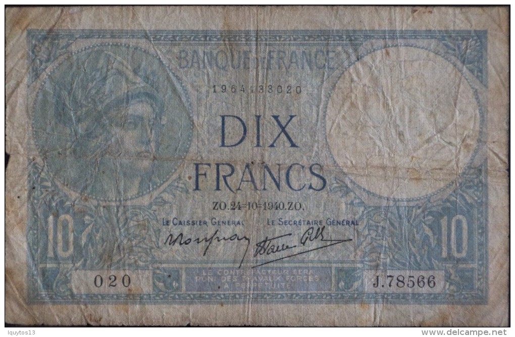 FRANCE 1 BILLET De BANQUE De 10Francs Type Minerve - ZO . 24=10=1940 . ZO . - 10 F 1916-1942 ''Minerve''