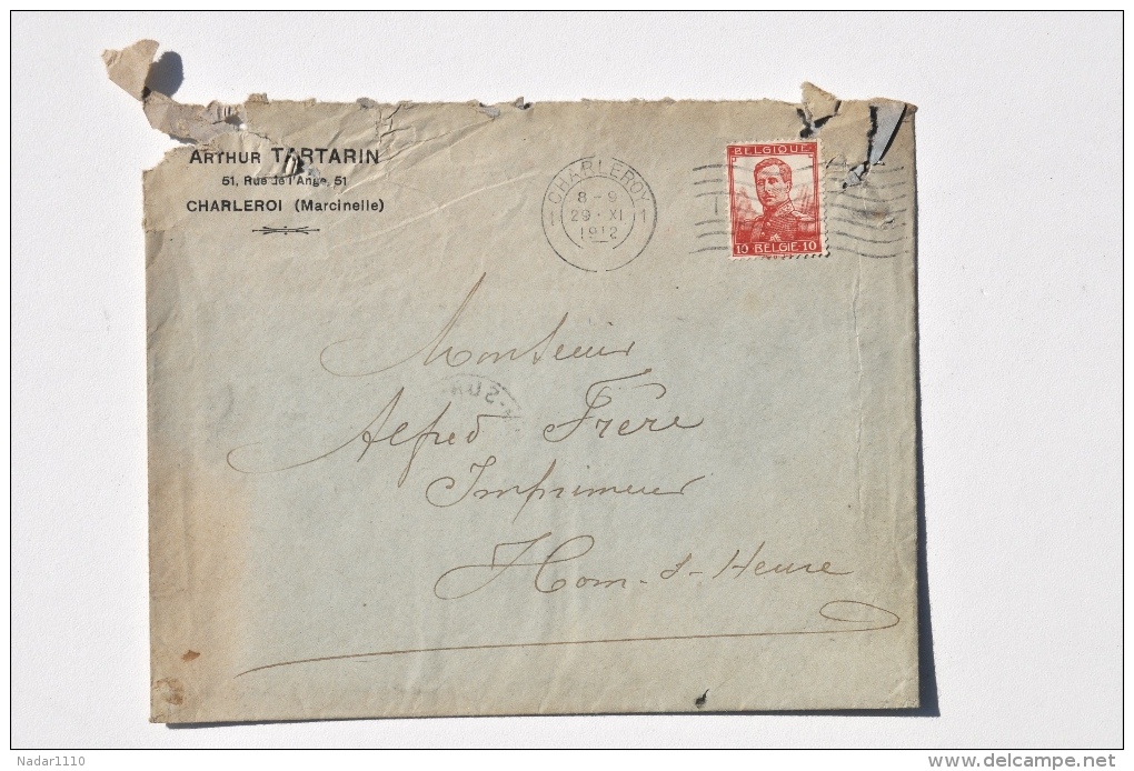 Enveloppe De M. Arthur Tartarin De MARCINELLE à M. Frère, Imprimeur, HAM-SUR-HEURE, 1912 - 1900 – 1949