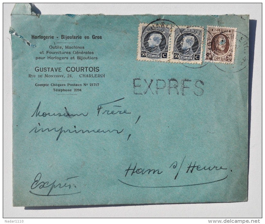 Enveloppe De HORLOGERIE - BIJOUTERIE En Gros G COURTOIS à CHARLEROI Vers M. Frère, IMPRIMEUR à HAM-SUR-HEURE, 1923 - Straßenhandel Und Kleingewerbe